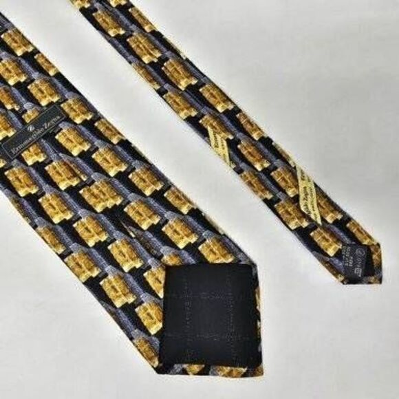 ERMENEGILDO ZEGNA EXCLUSIVE DESIGN SILK TIE GOLD BLUE GEOMETRIC TEXTURED 4" - Picture 2 of 2